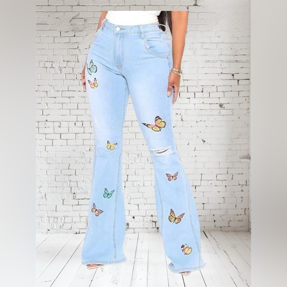 Denim - Butterfly Painted Flare Bottom Jeans | Stretch Denim | Size M
